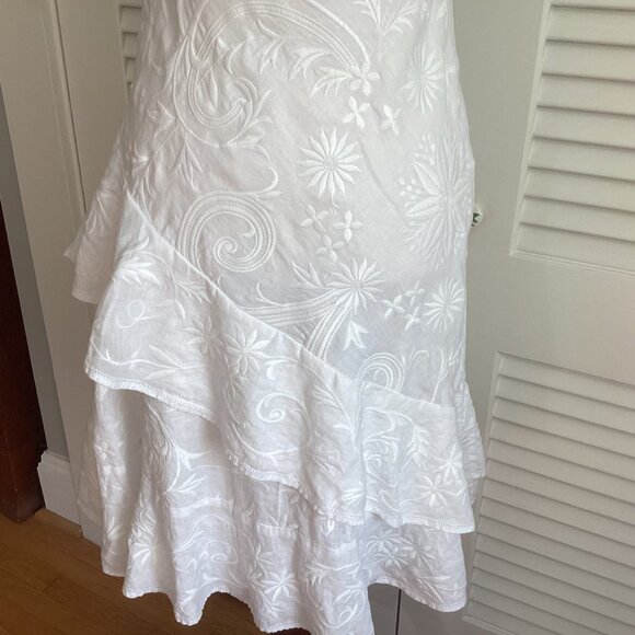 Ralph Lauren 100% Linen White Embroidered Midi Dress Size 10 Ruffled Hem & Spagh - Picture 11 of 16
